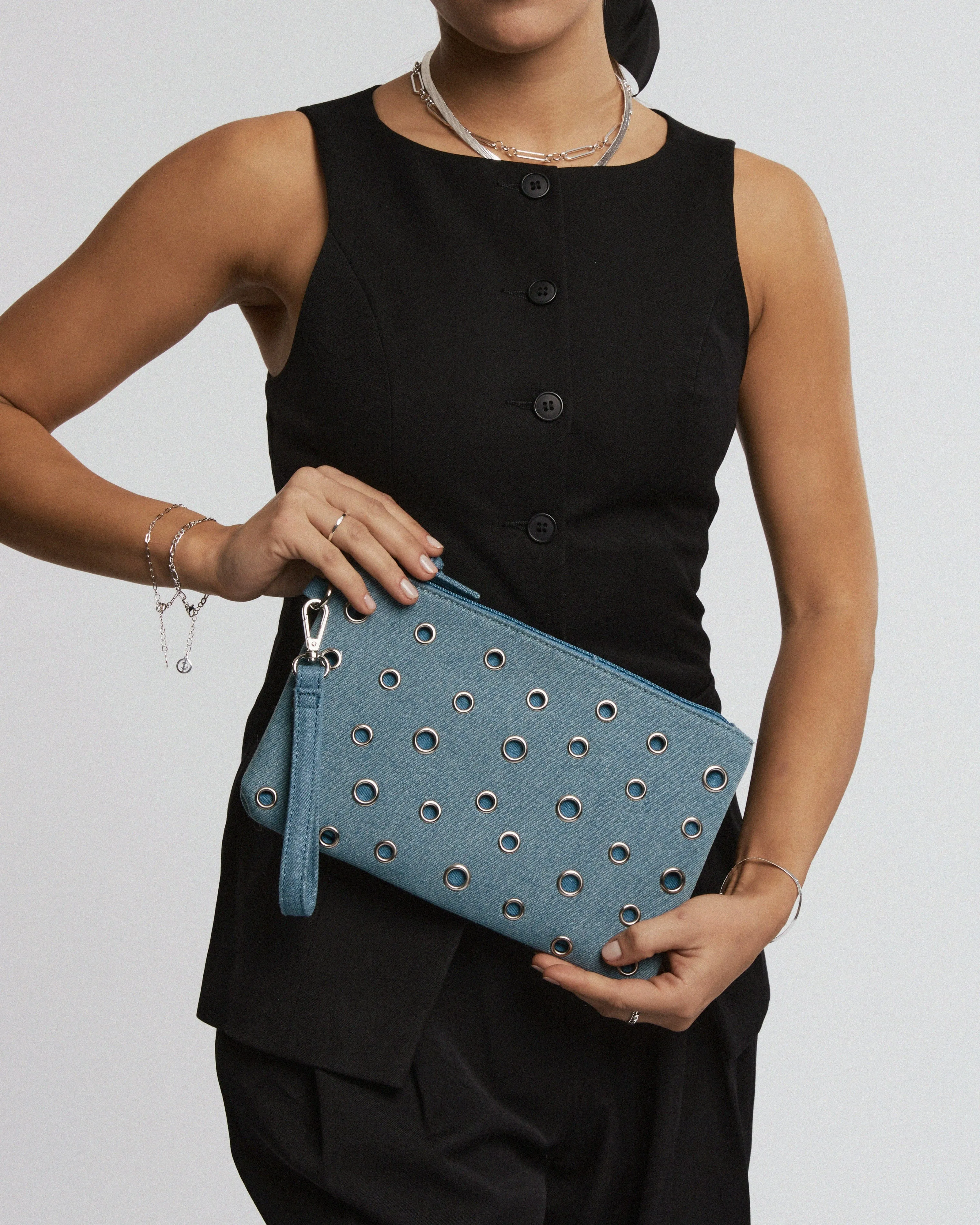 Blue Didi Eyelet Wristlet Clutch Bag