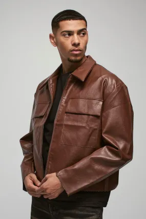 Boxy Collared PU Harrington Jacket With Raw Edge In Brown