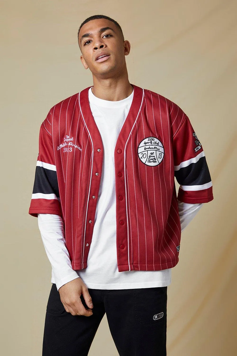 Boxy Striped Jersey Baseball Shirt | boohooMAN UK