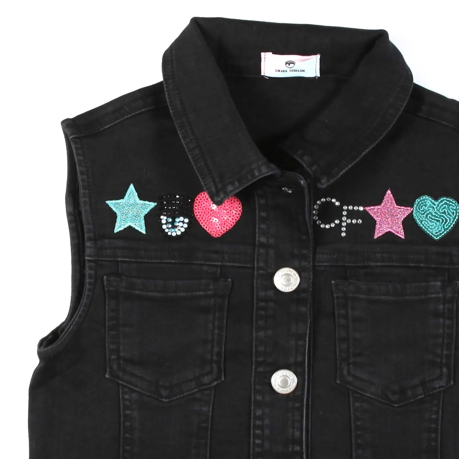 Chiara Ferragni Black Denim Vest With Multicolor Patches