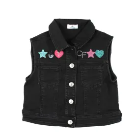 Chiara Ferragni Black Denim Vest With Multicolor Patches