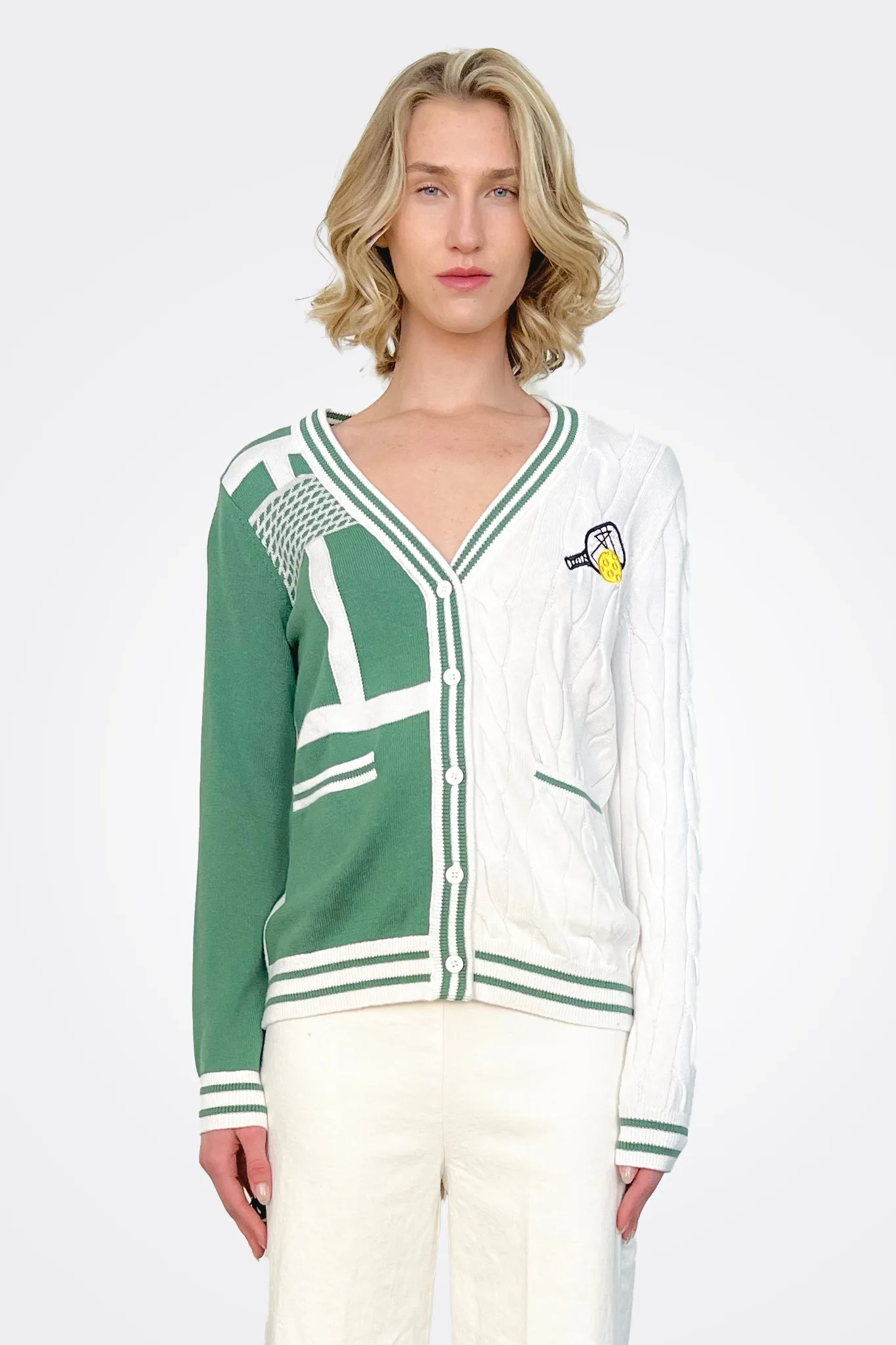 Cotton Cashmere Pickleball Cardigan - Green White