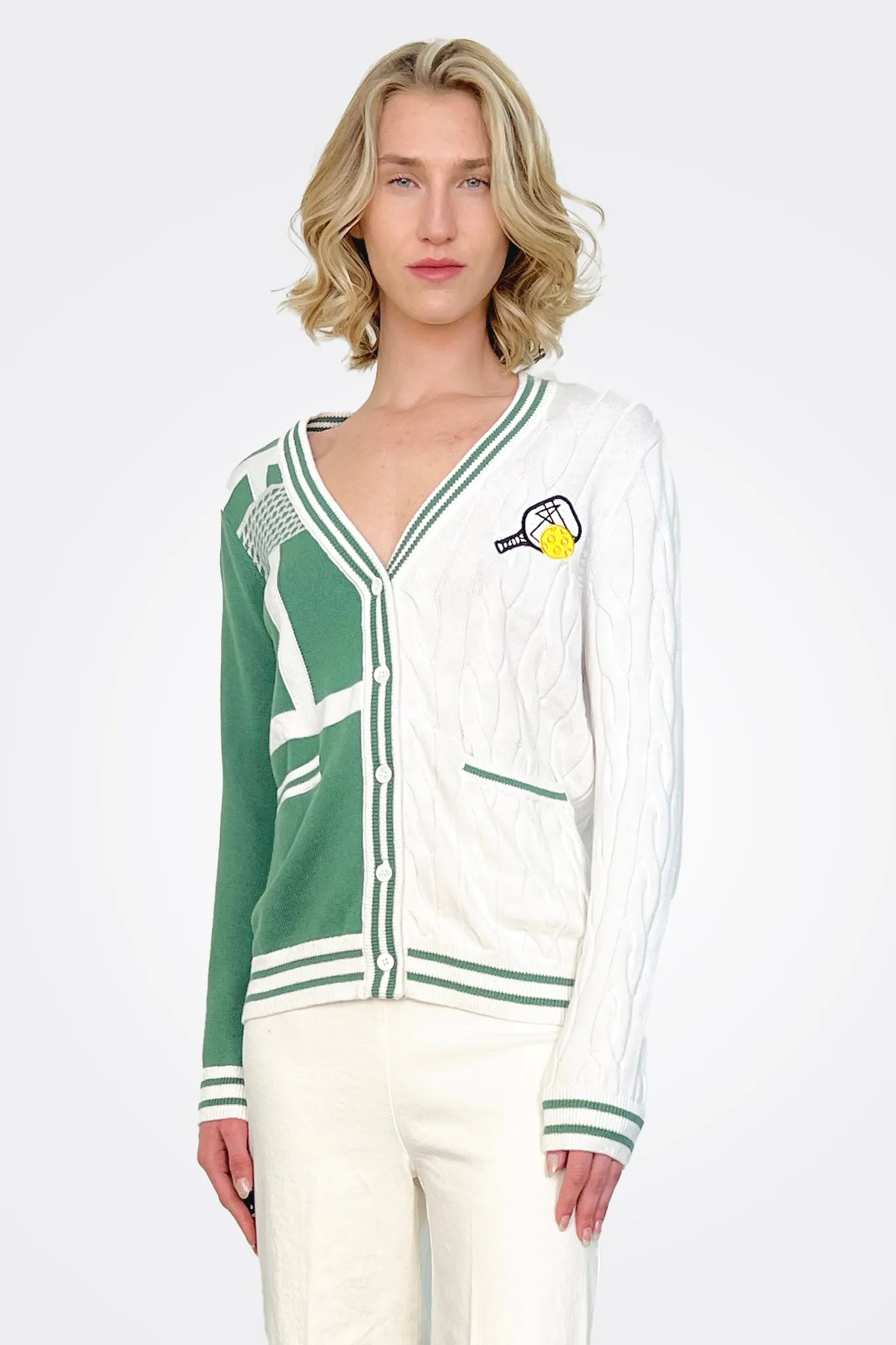 Cotton Cashmere Pickleball Cardigan - Green White