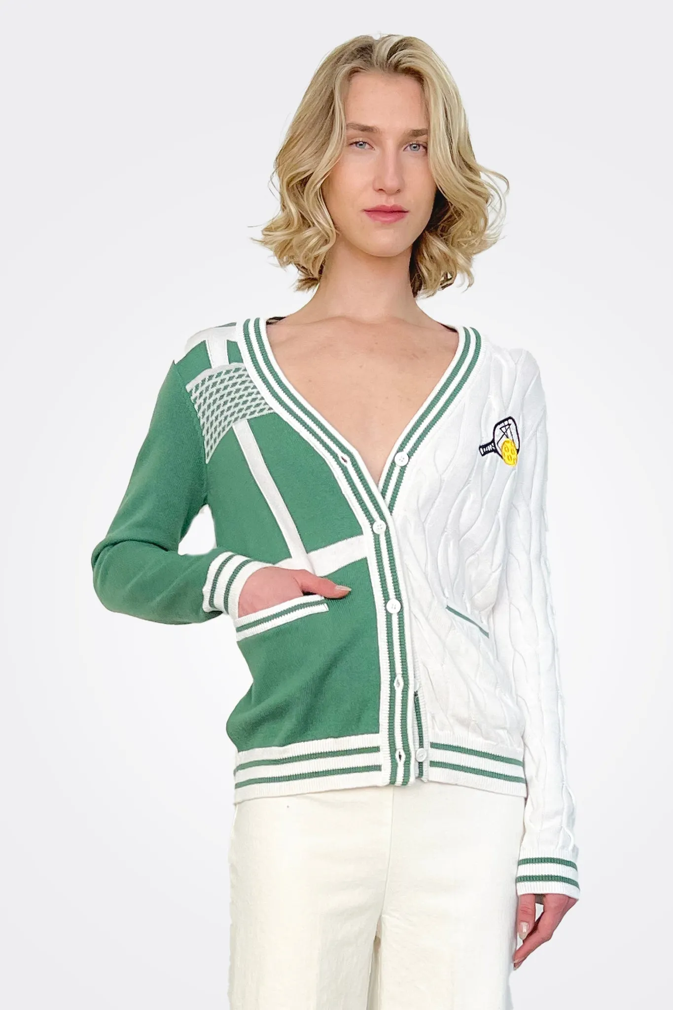 Cotton Cashmere Pickleball Cardigan - Green White