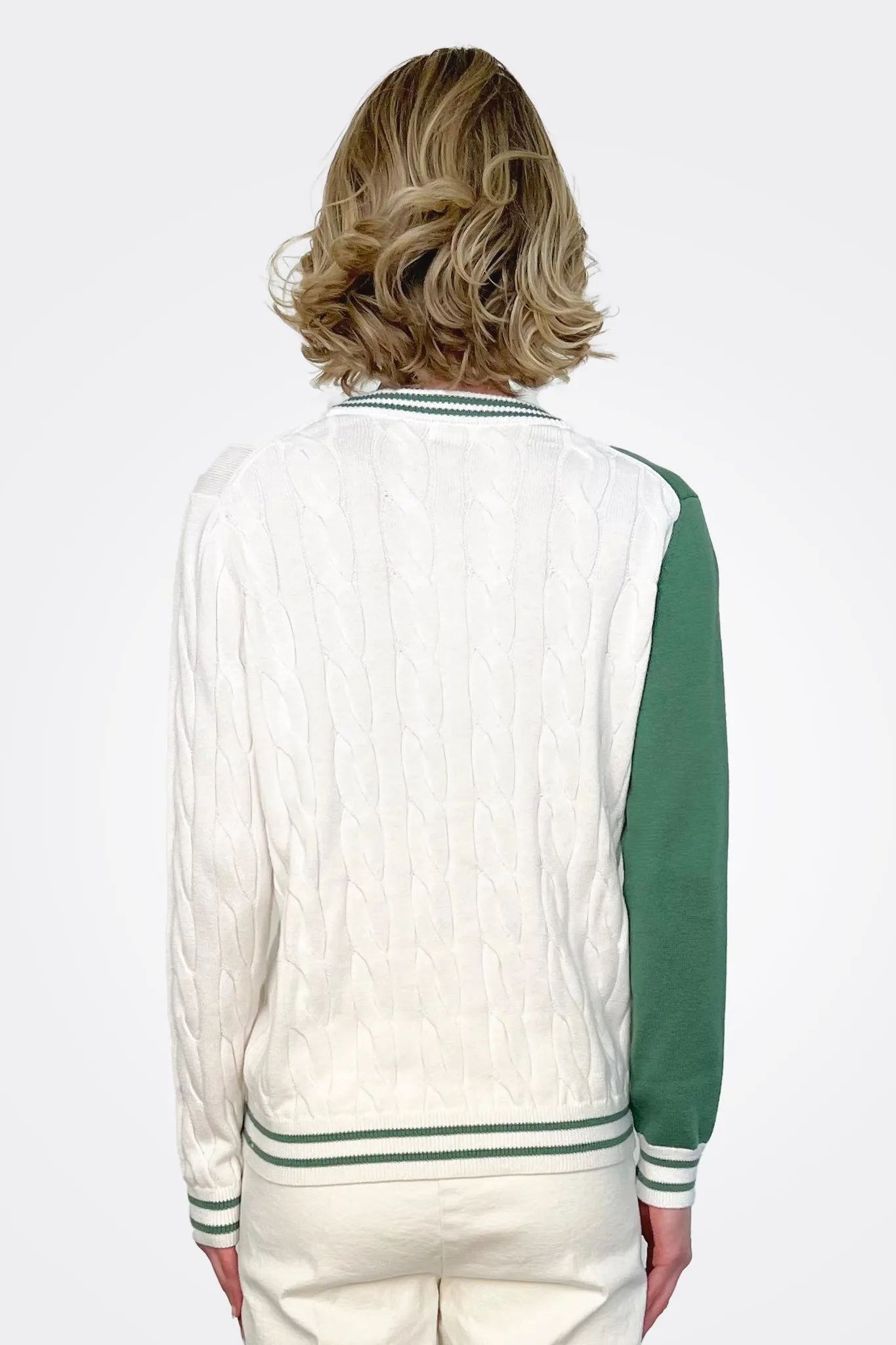 Cotton Cashmere Pickleball Cardigan - Green White