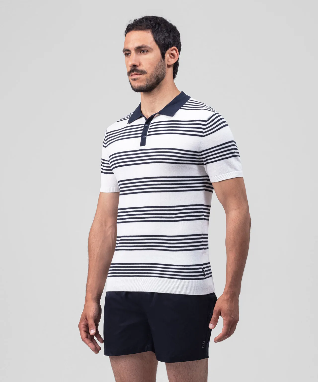 Cotton RD Tennis Polo: Off White/Navy Stripes