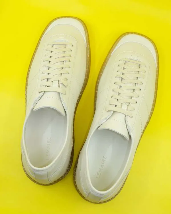 Cow Leather Linoleum Basic Laced Up Trainers - Clay White