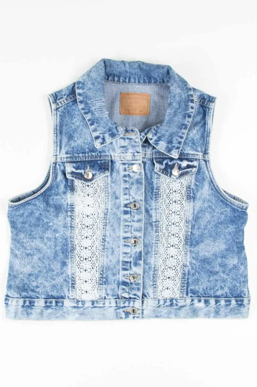 Crochet Detail Acid Washed Denim Vest