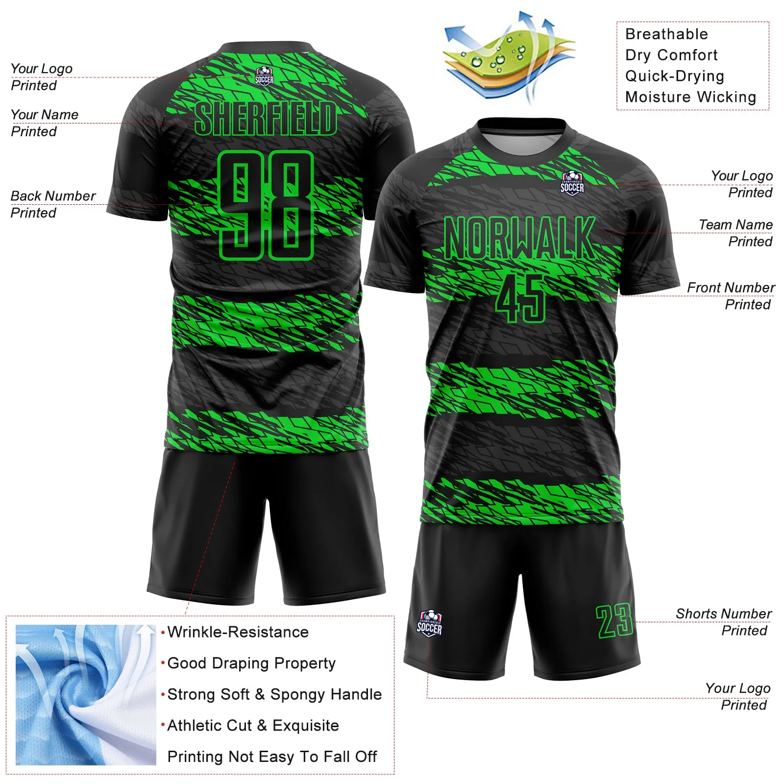 Custom Black Neon Green Sublimation Soccer Uniform Jersey