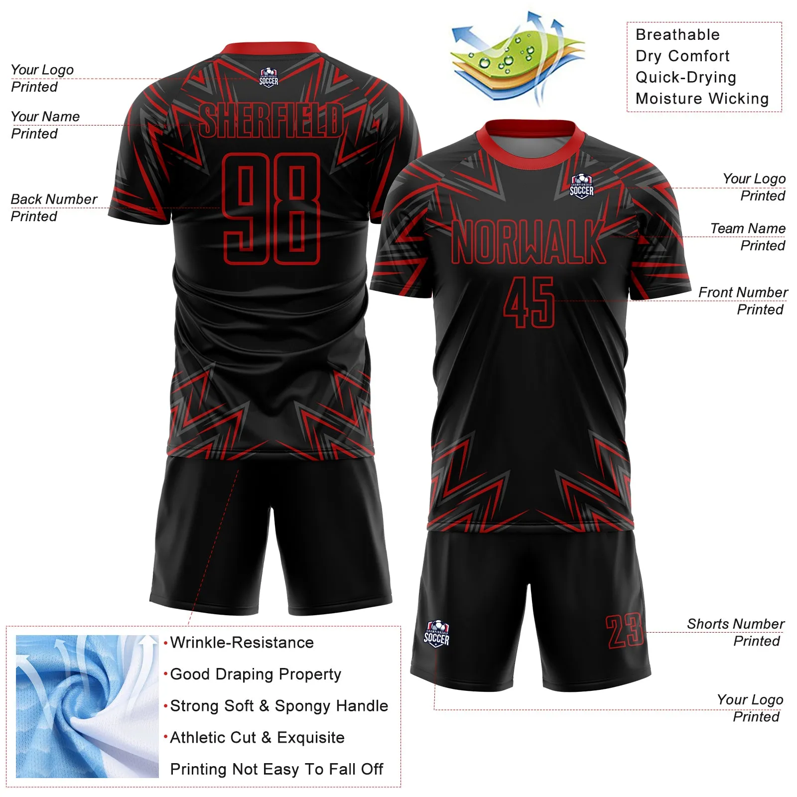 Custom Black Red Geometric Shapes Sublimation Soccer Uniform Jersey