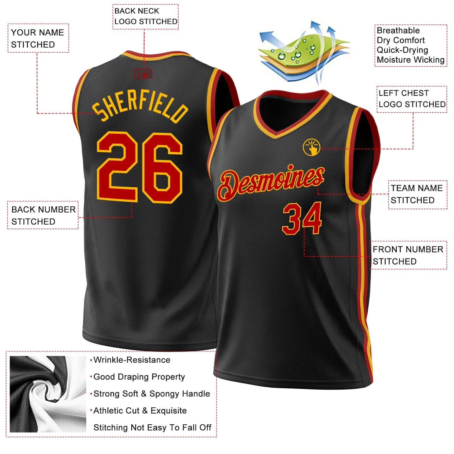 Custom Black Red-Gold Authentic Throwback Basketball Jersey