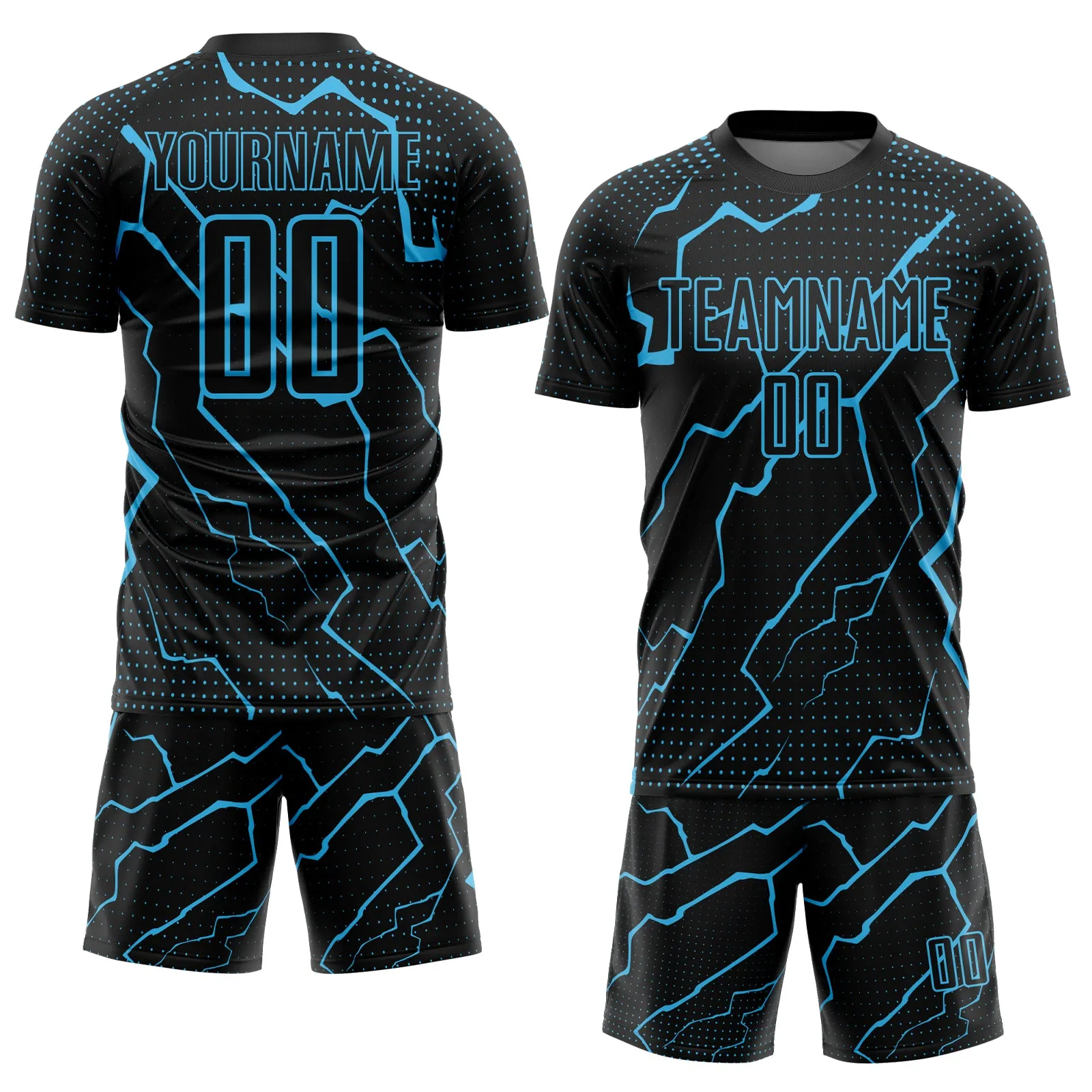 Custom Black Sky Blue Lightning Sublimation Soccer Uniform Jersey