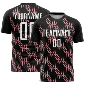 Custom Black White-Medium Pink Abstract Wave Sublimation Soccer Uniform Jersey