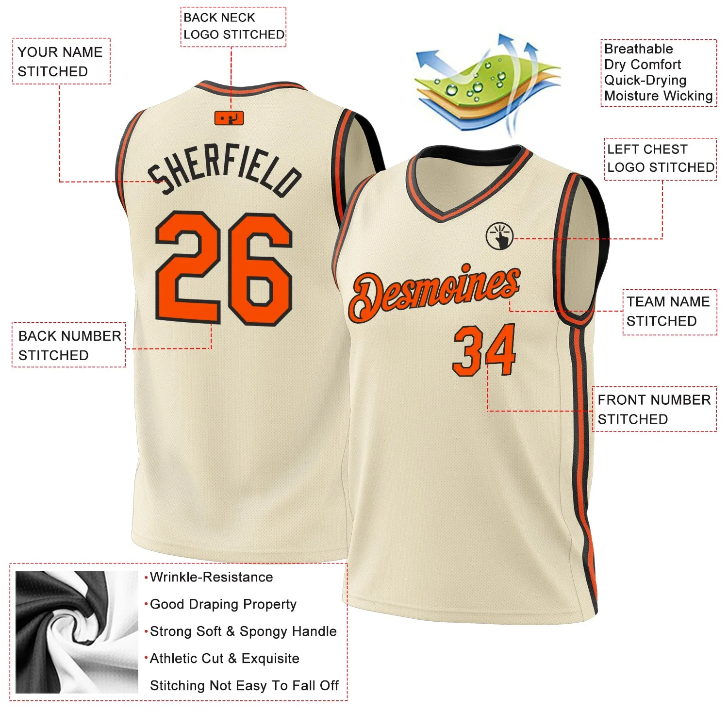 Custom Cream Orange-Black Authentic Throwback Basketball Jersey