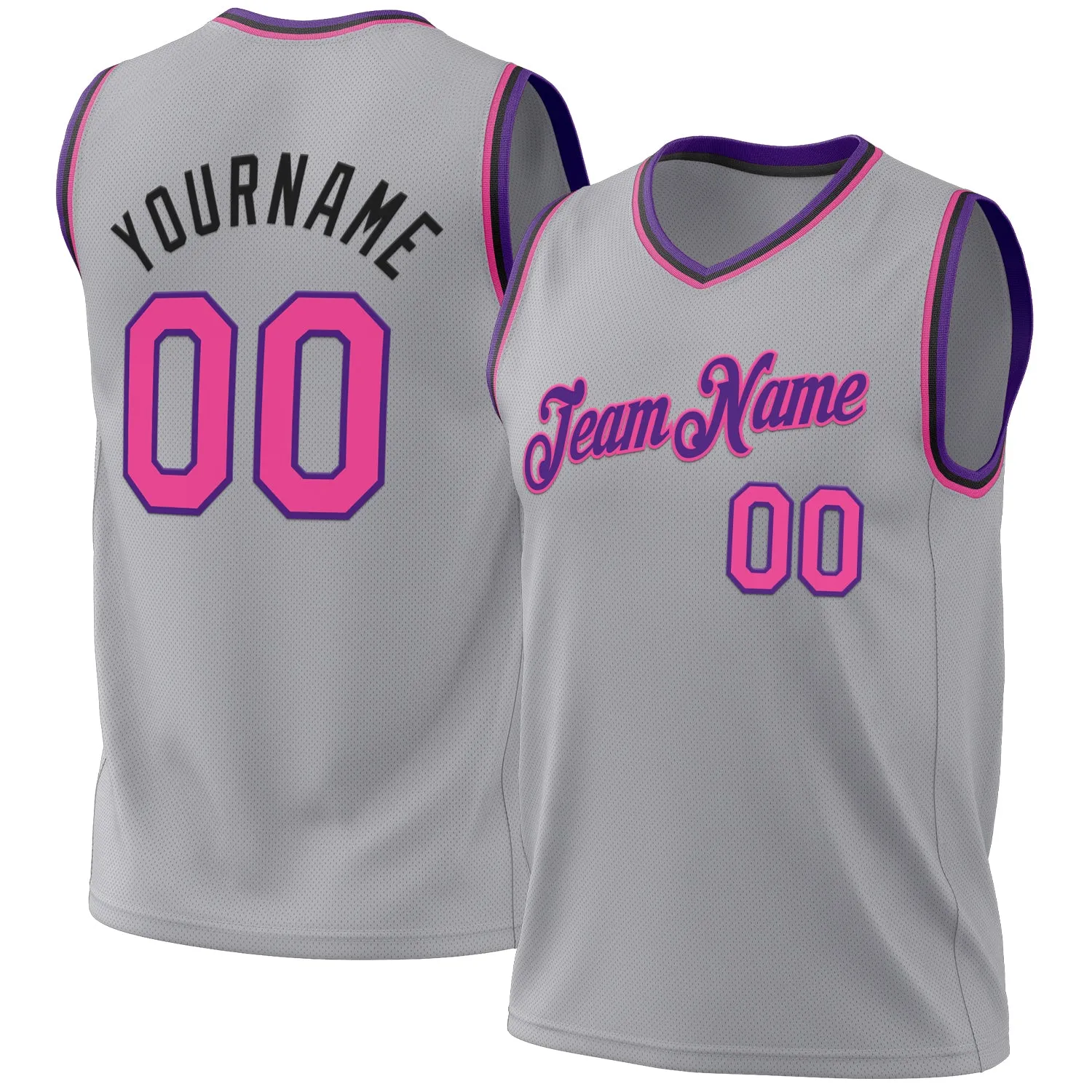 Custom Gray Pink Purple-Black Authentic Throwback Basketball Jersey