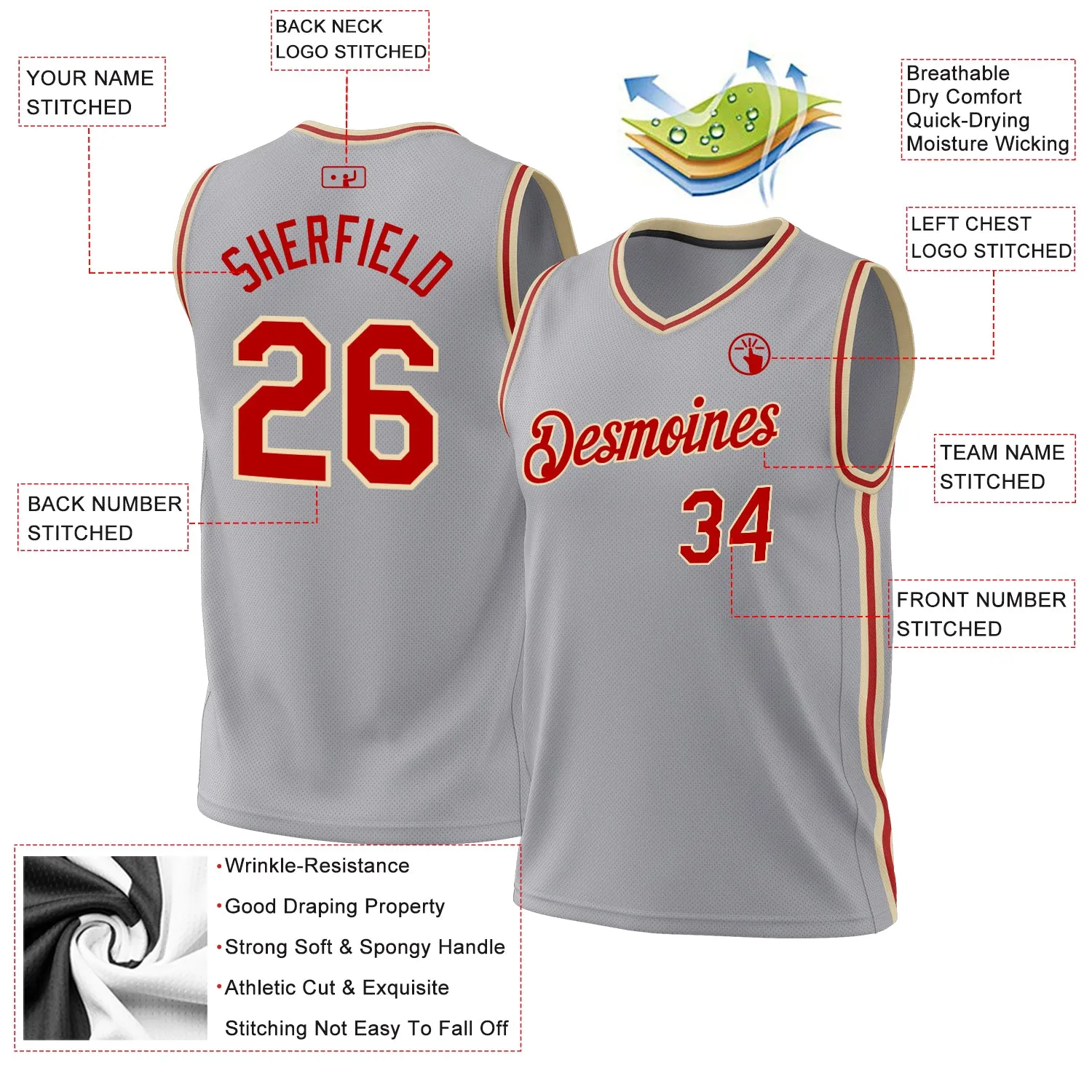 Custom Gray Red-Cream Authentic Throwback Basketball Jersey