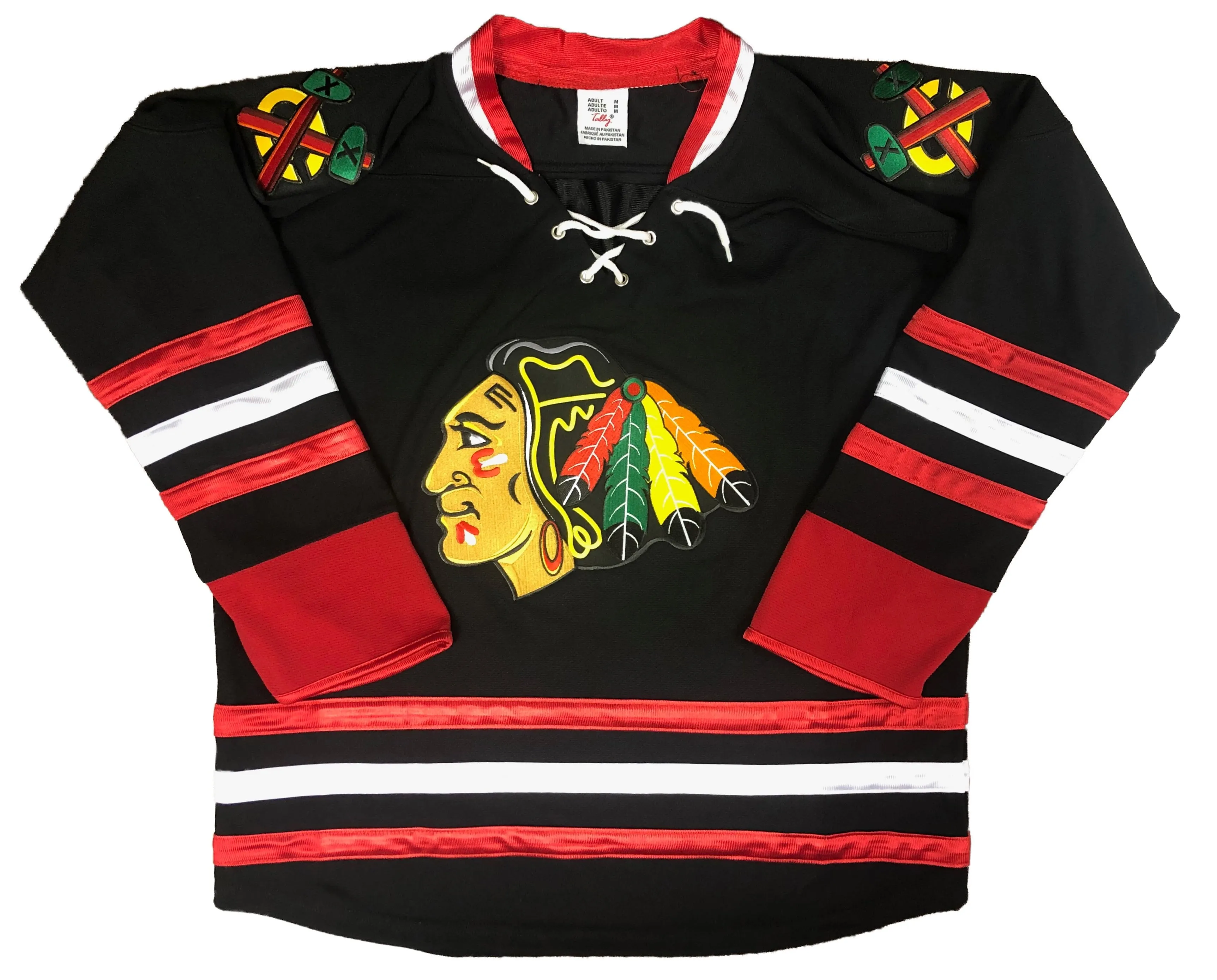 Custom Hockey Jerseys with a Blackhawk Logo and Shoulder Patches