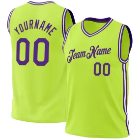 Custom Neon Green Purple-White Authentic Throwback Basketball Jersey