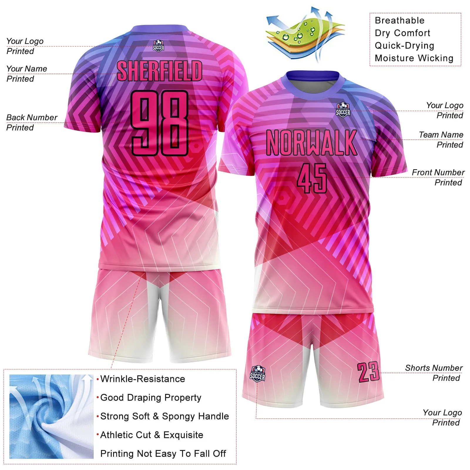 Custom Purple Pink-Black Geometric Shapes Sublimation Soccer Uniform Jersey