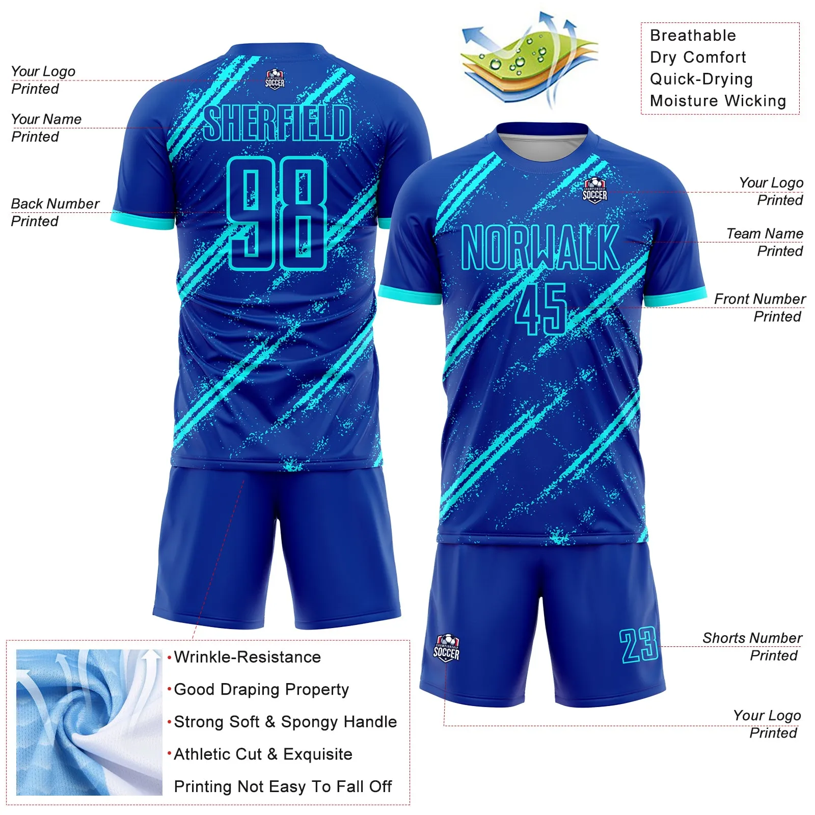 Custom Royal Lakes Blue Sublimation Soccer Uniform Jersey