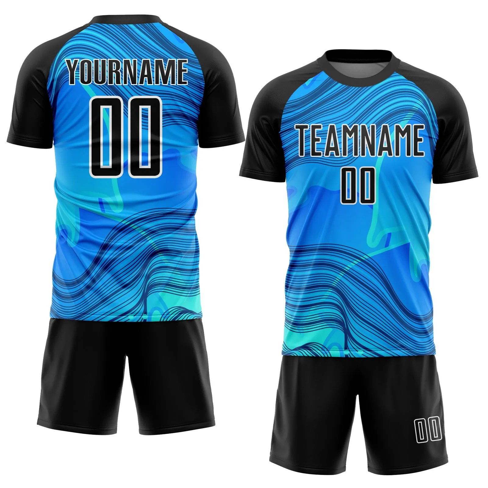 Custom Sky Blue Black-White Waves Sublimation Soccer Uniform Jersey