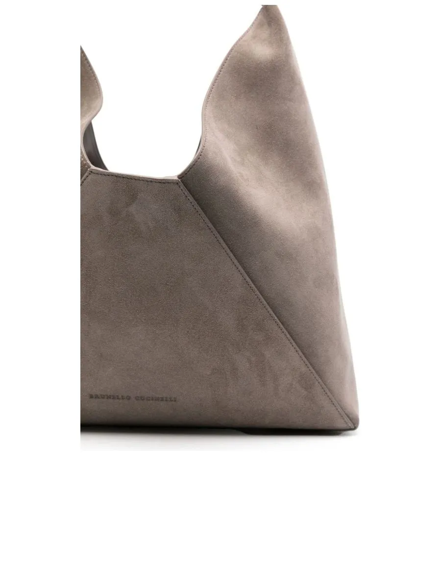 Debossed Logo Suede Shoulder Bag