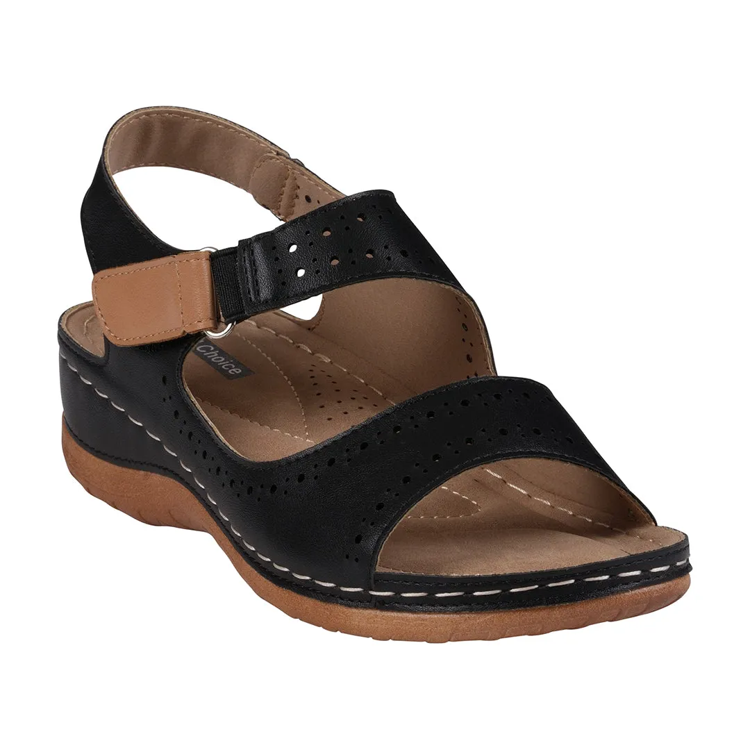 Foster Black Perforated Double Band Velcro Sandals