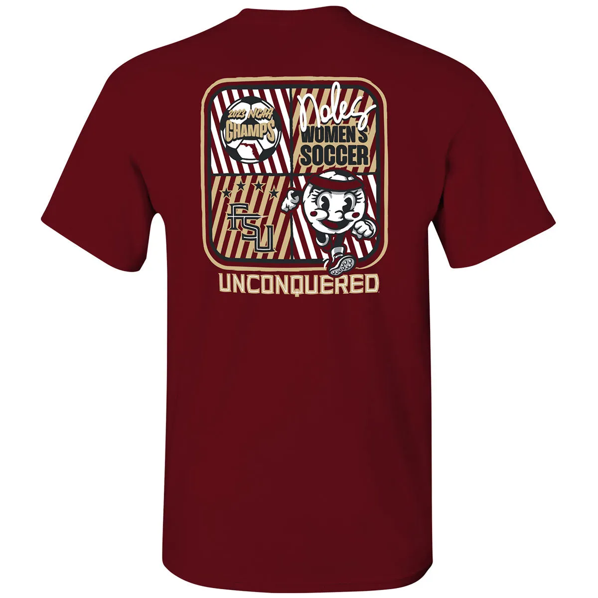 Image One Youth 2023 Noles Women's Soccer National Champs Unconquered Design Short Sleeve T-shirt - Garnet