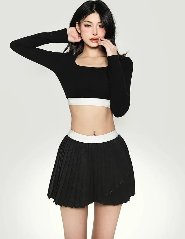 Kaylie Solid Color Wiast Band Pleated Tennis Mini Skirt