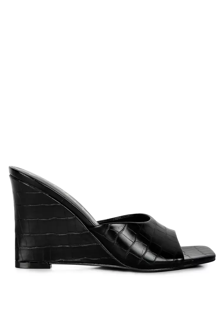 London Rag Black Faux Leather Wedge Sandals