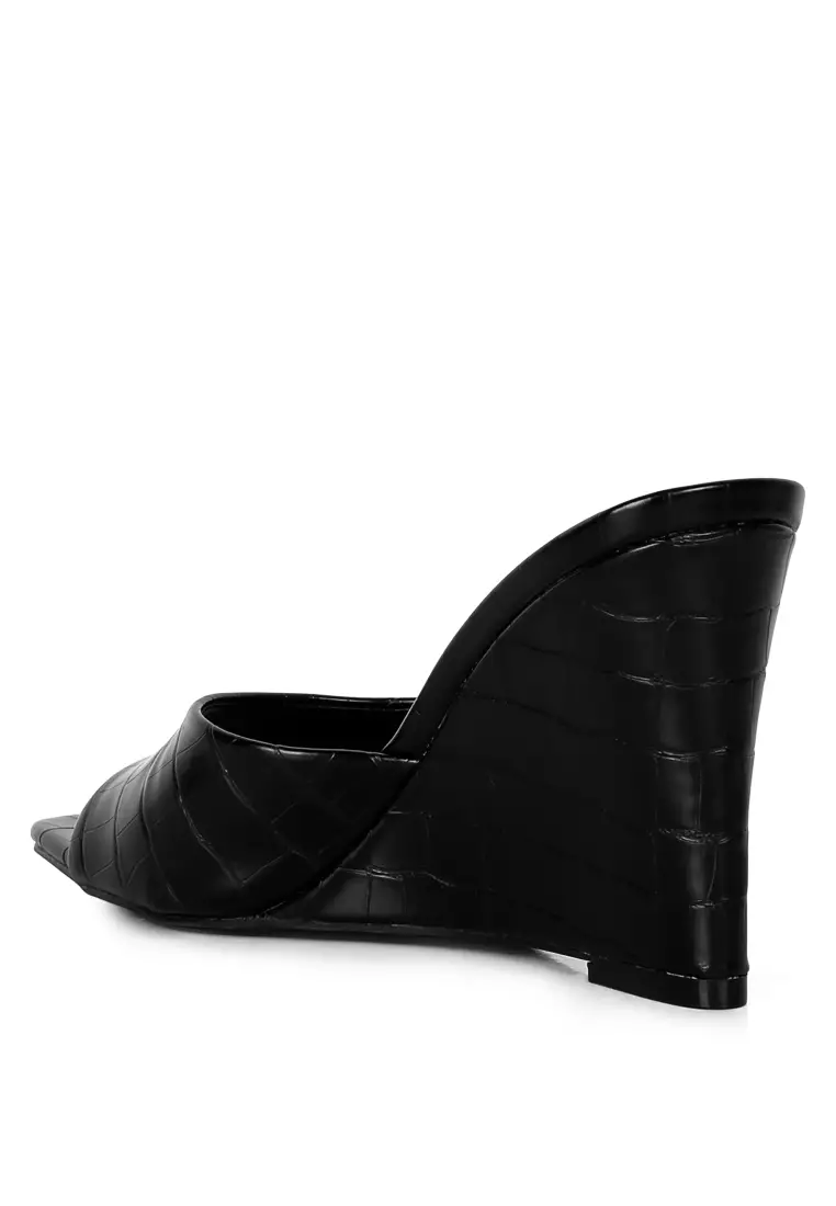 London Rag Black Faux Leather Wedge Sandals