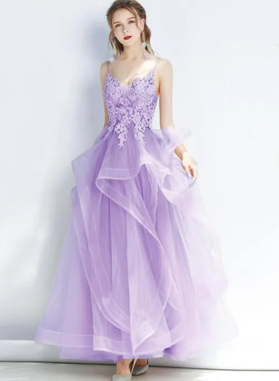 Lovely Tulle Layers Straps Party Dress with Lace, Long Evening Dress Prom Dress