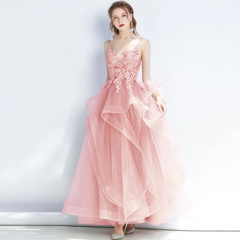 Lovely Tulle Layers Straps Party Dress with Lace, Long Evening Dress Prom Dress