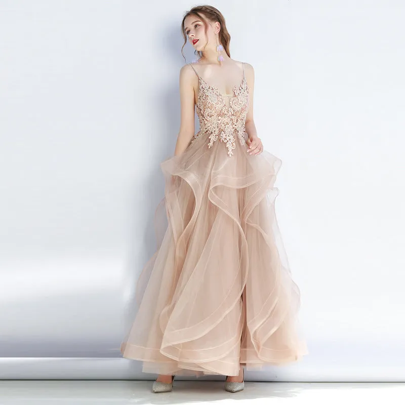 Lovely Tulle Layers Straps Party Dress with Lace, Long Evening Dress Prom Dress