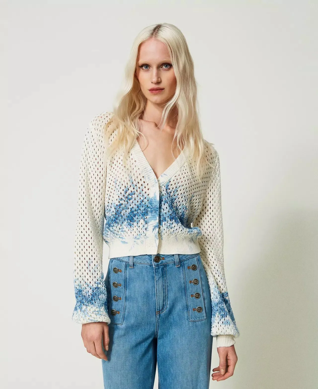 Mesh Floral Print Cardigan - Ivory / Blue