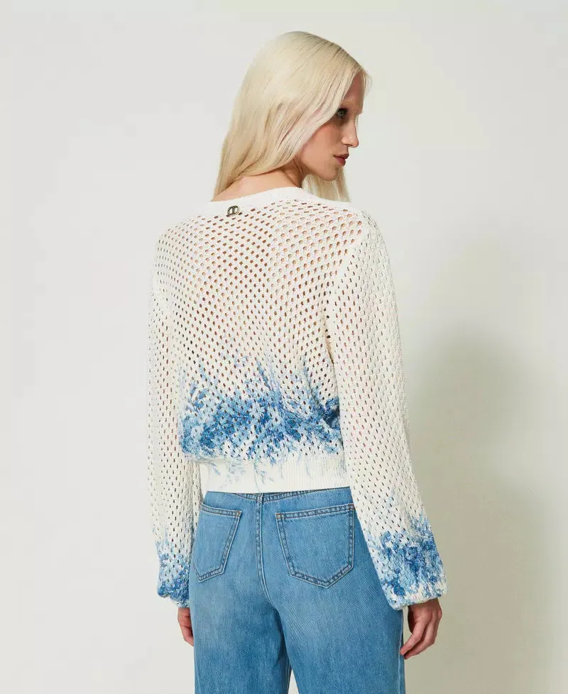 Mesh Floral Print Cardigan - Ivory / Blue