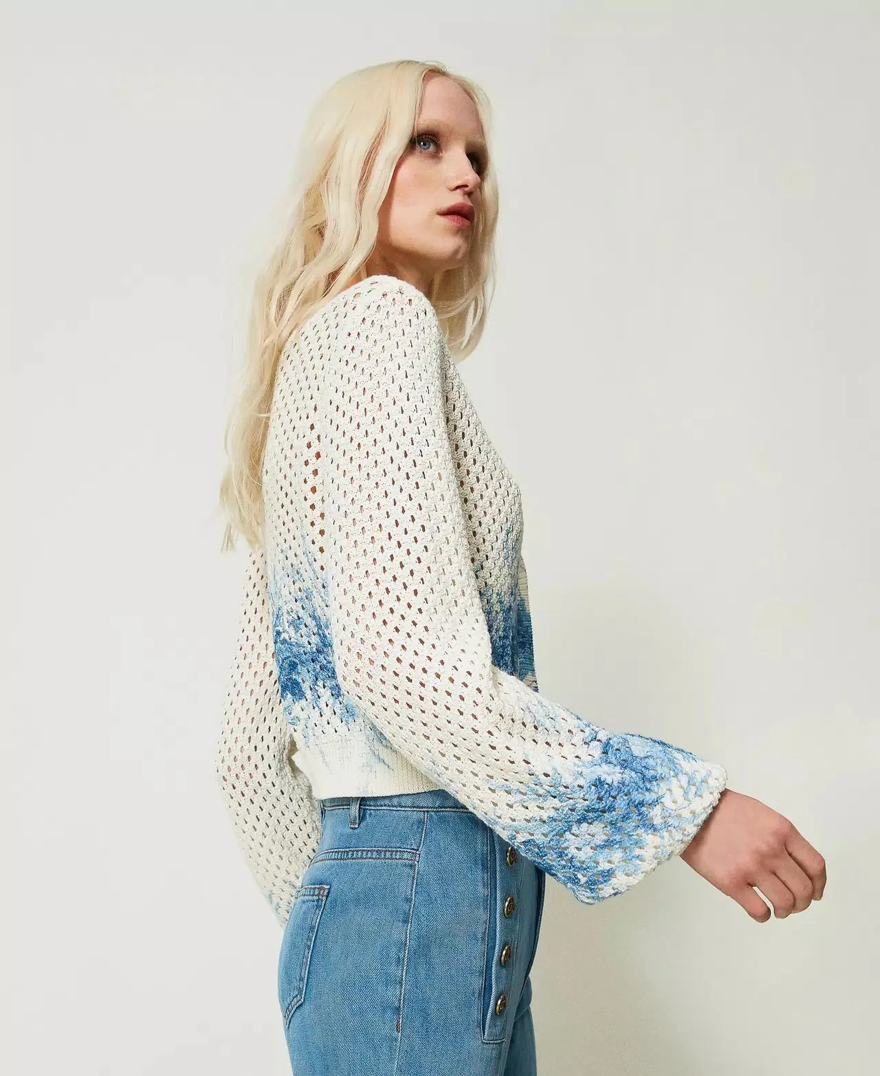 Mesh Floral Print Cardigan - Ivory / Blue