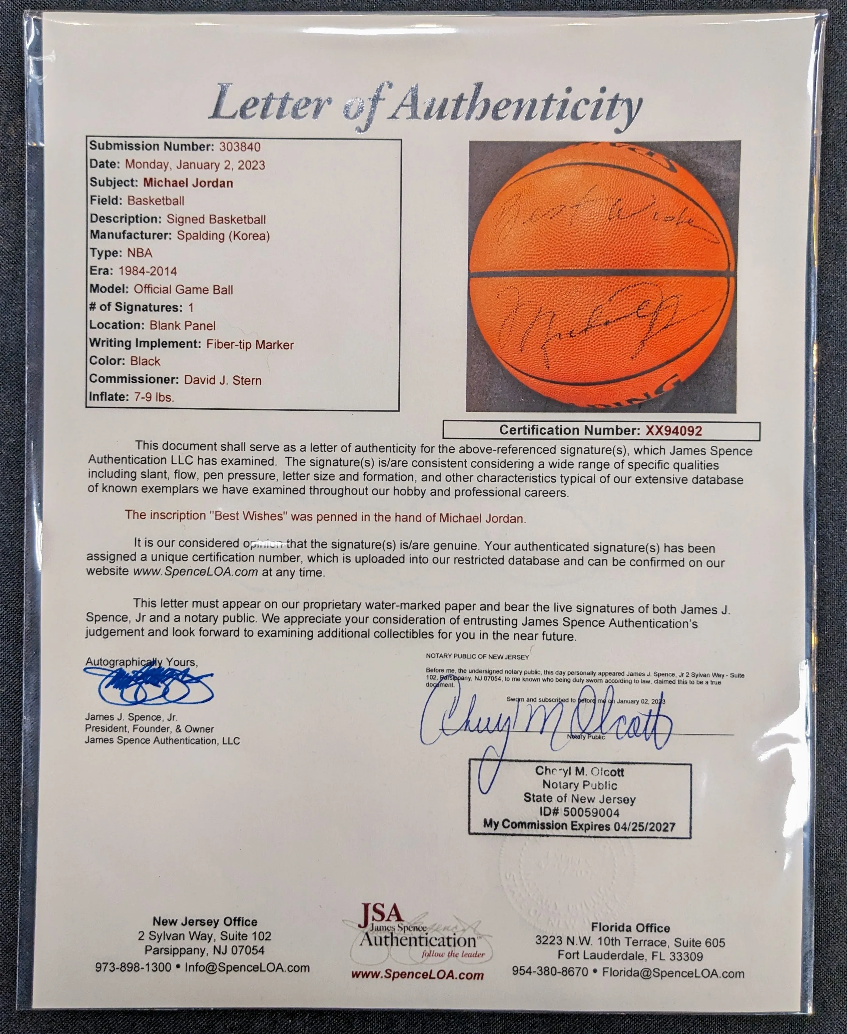 Michael Jordan Autographed & Inscribed Spalding Authentic NBA Game Basketball