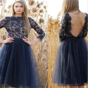 Modest Short Homecoming Dress Navy Blue Homecoming Dress Long Sleeve Homecoming Dress SSD017