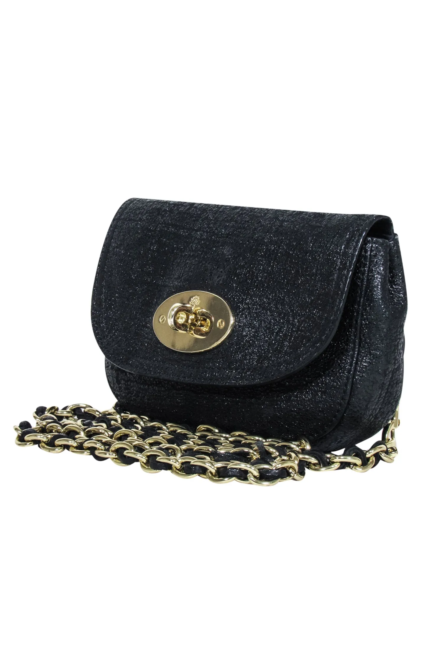 Mulberry - Black Metallic Leather Lock Front Mini Crossbody Bag