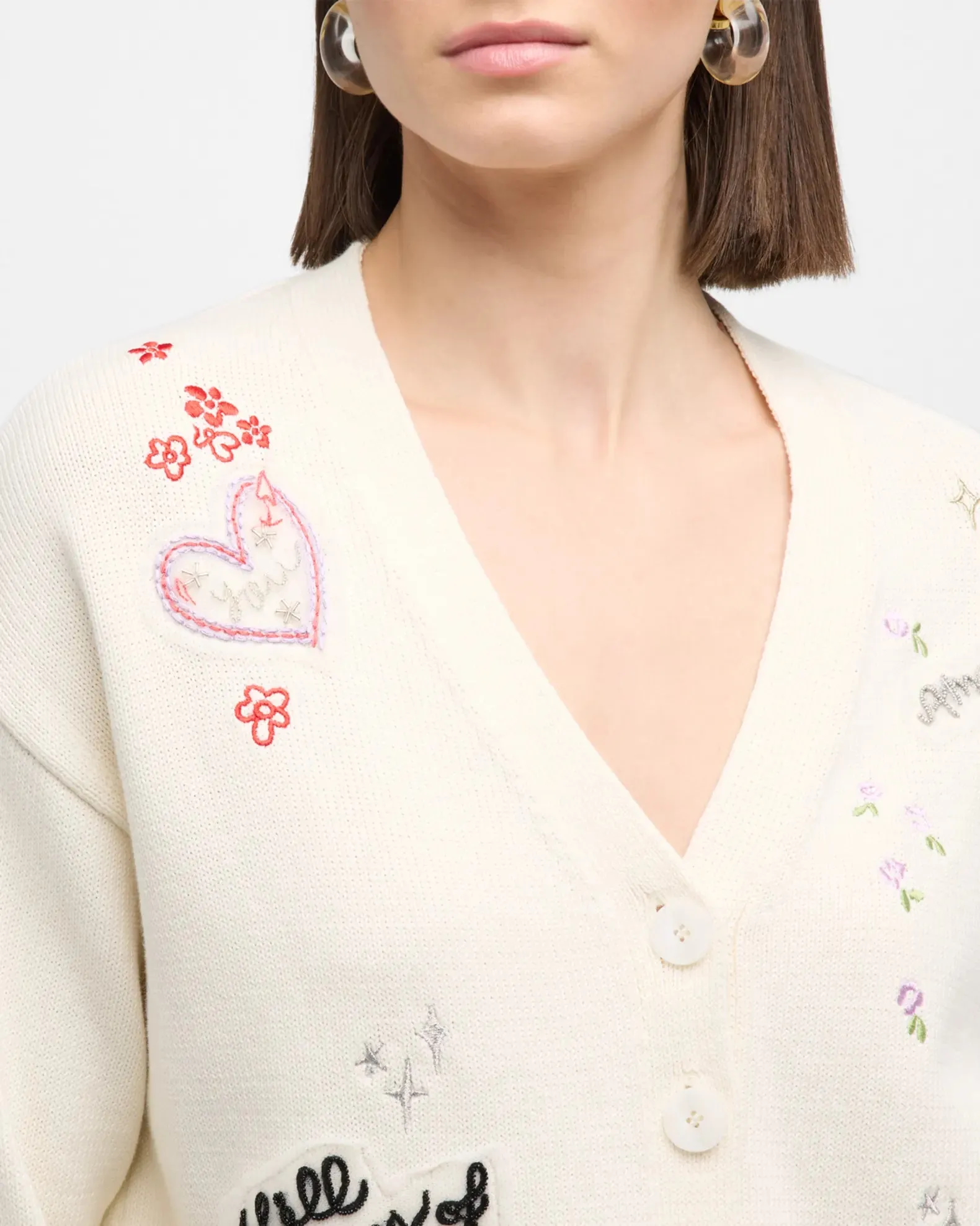 Nyla Daydream Doodles Embroidered Cardigan - Ivory Multi