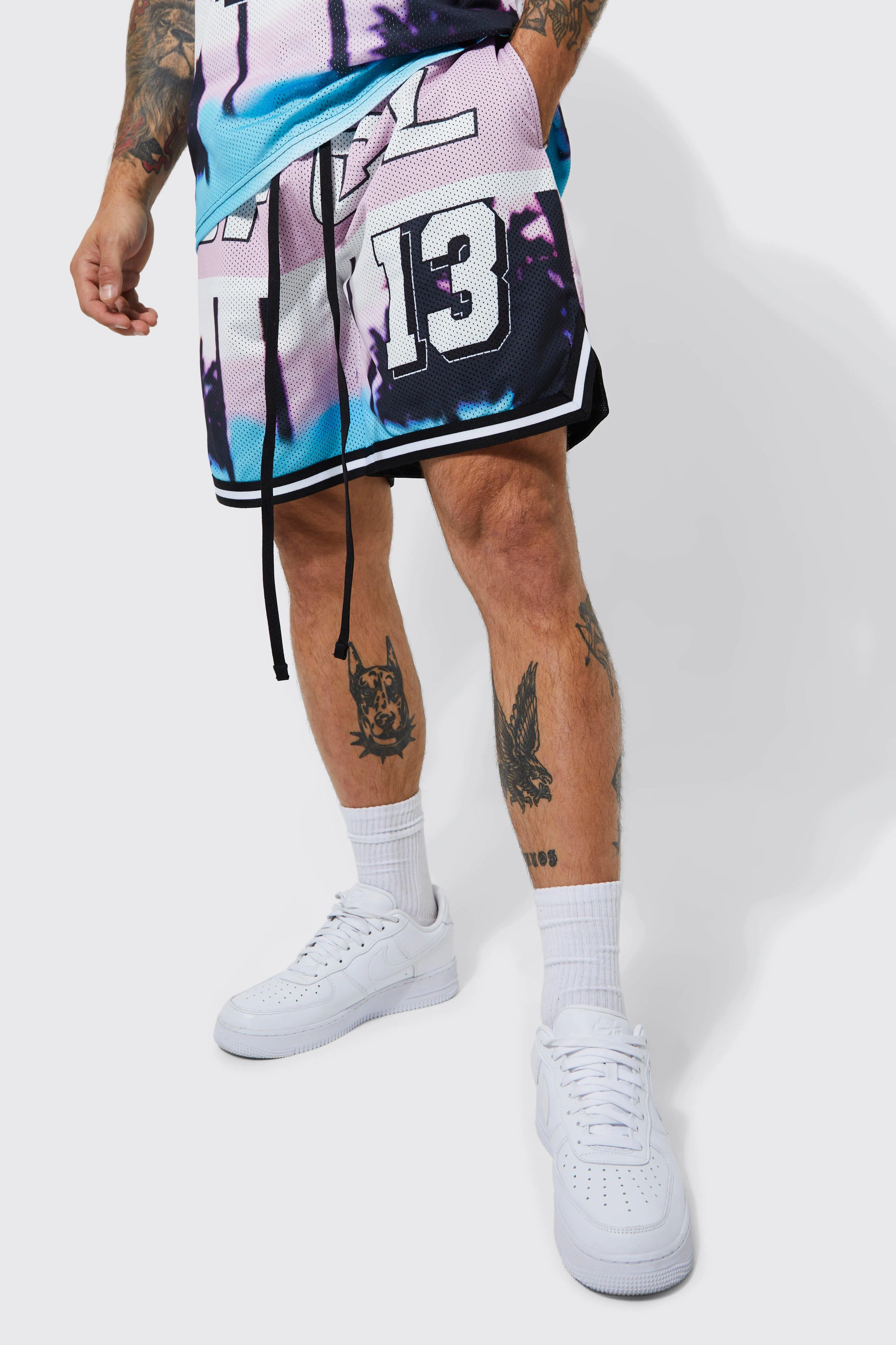 Ofcl Palm Print Mesh Basketball Tape Short | boohooMAN UK