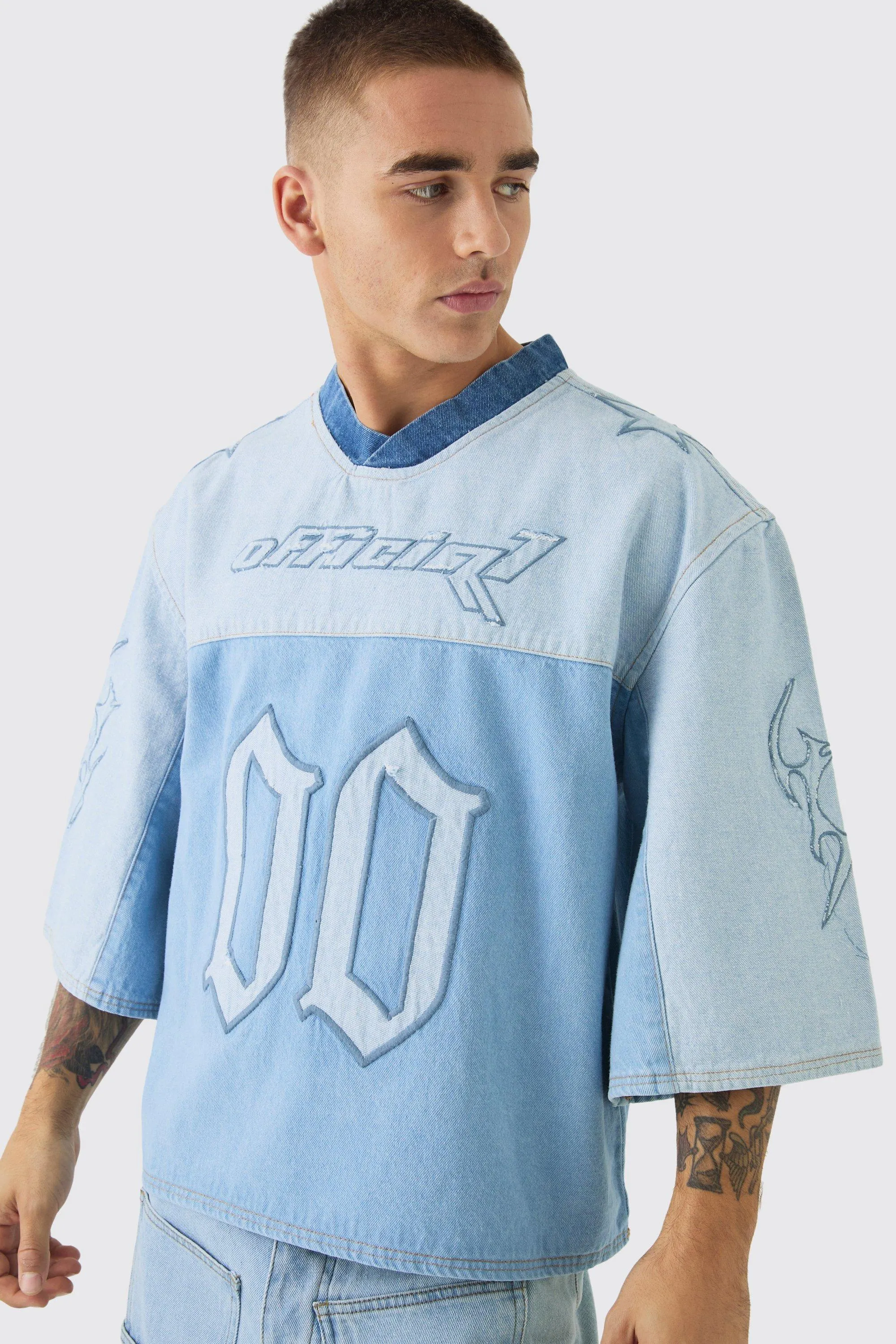 Oversized Embroidery Football Denim T-Shirt