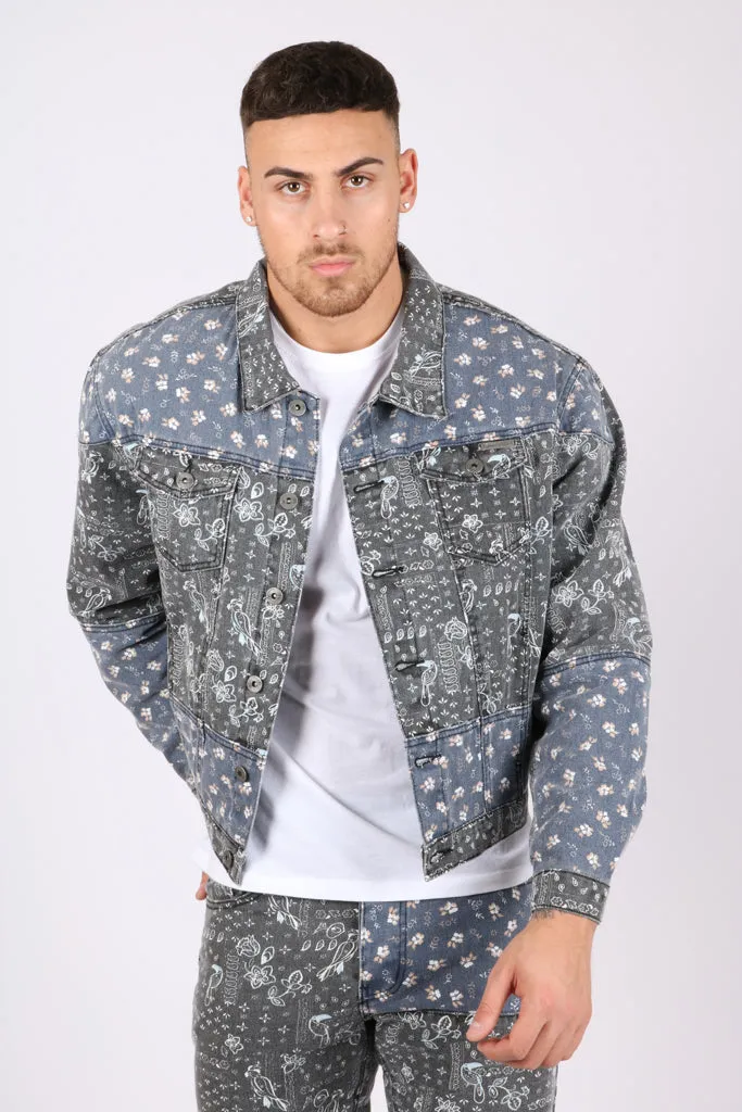 Oversized Trucker Jacket In Black Floral And Blue Paisley Splicing