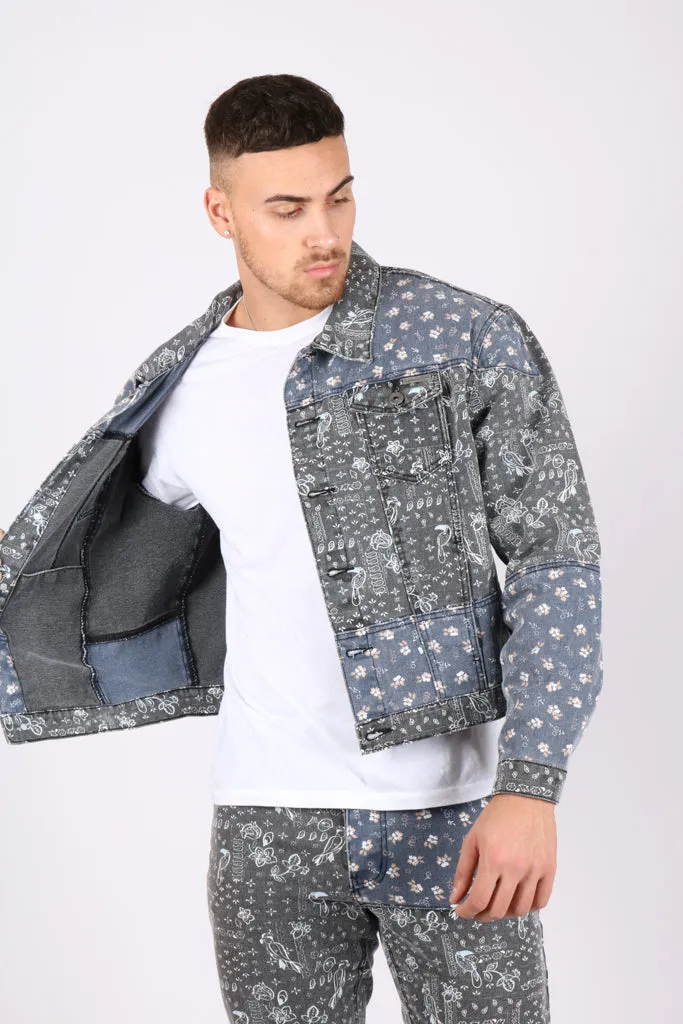 Oversized Trucker Jacket In Black Floral And Blue Paisley Splicing