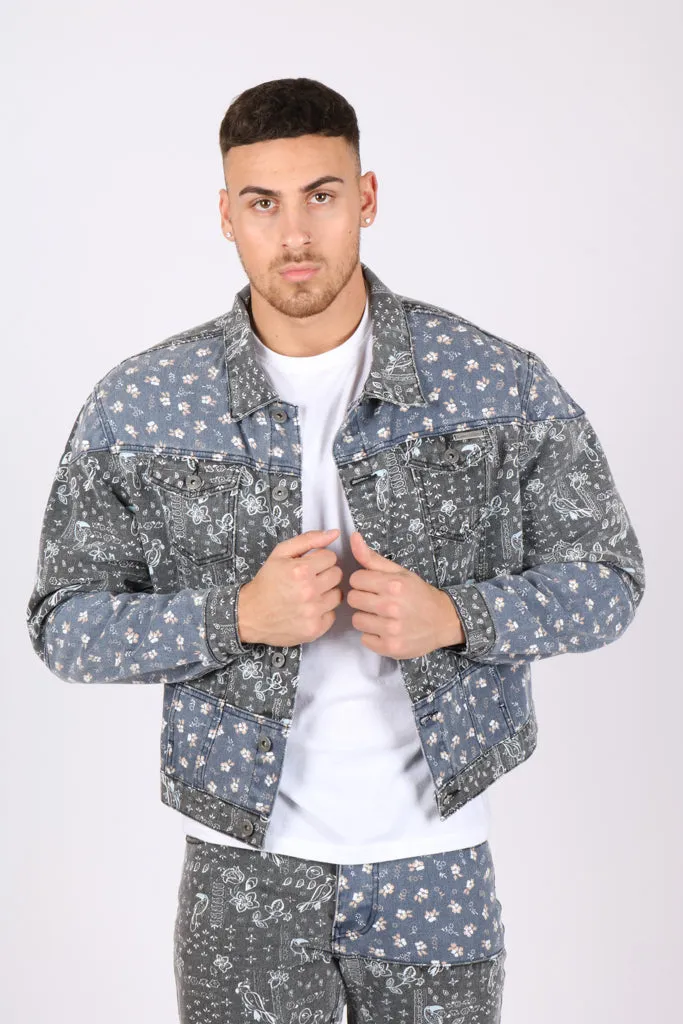 Oversized Trucker Jacket In Black Floral And Blue Paisley Splicing