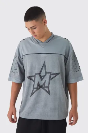 Oversized V Neck Football Official Applique Mesh Layer T-Shirt