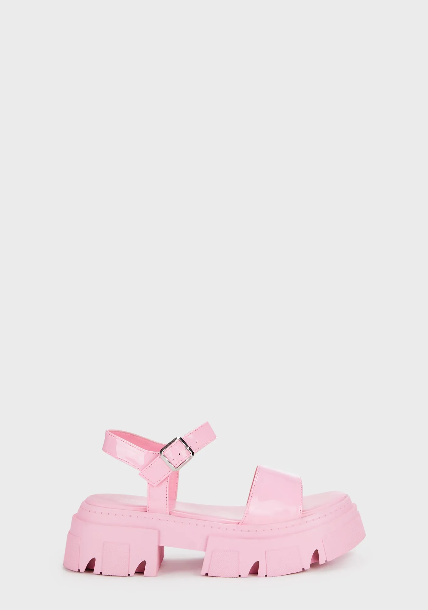 Patent Round Toe Chunky Flat Sandals - Pink-