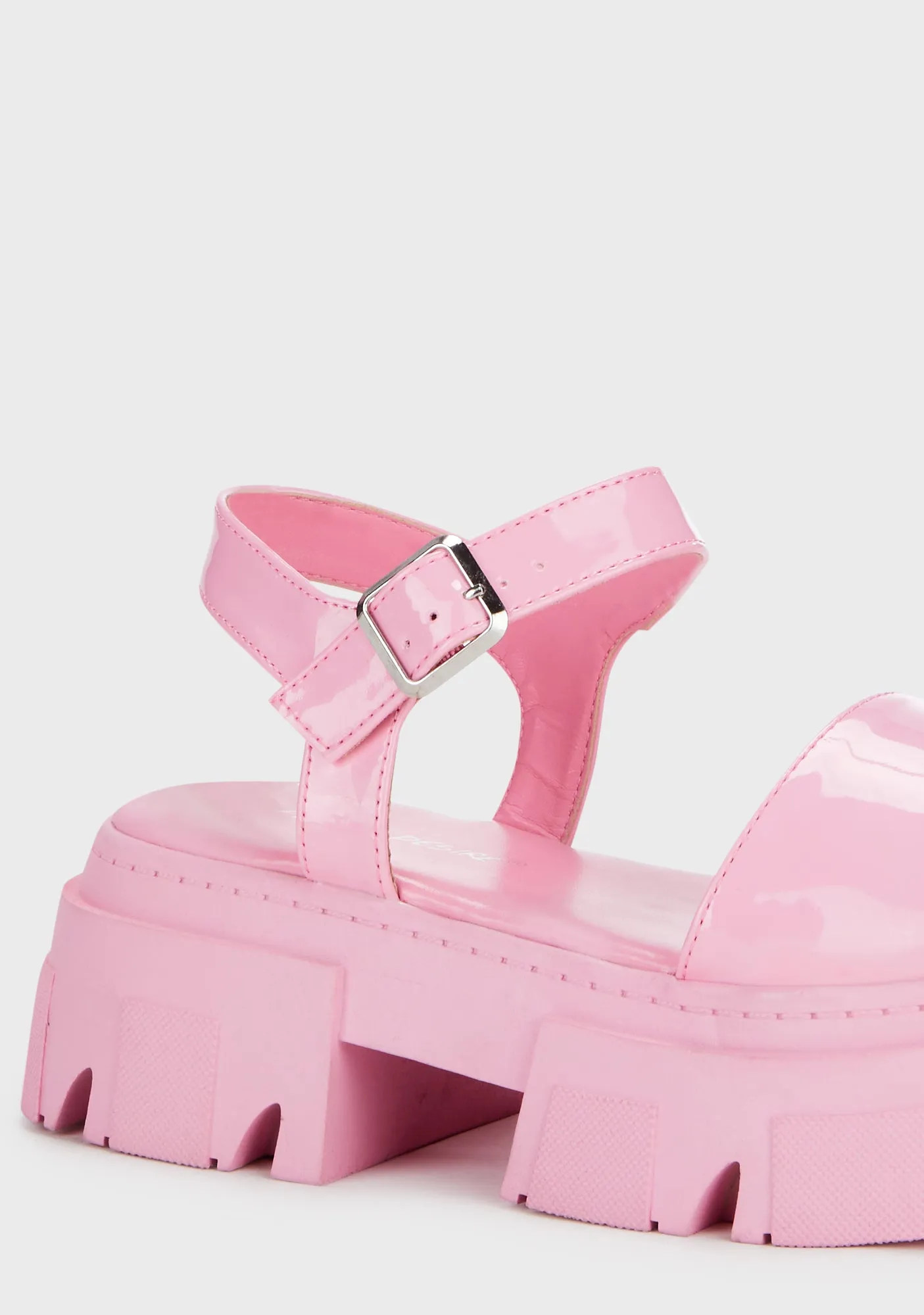 Patent Round Toe Chunky Flat Sandals - Pink-