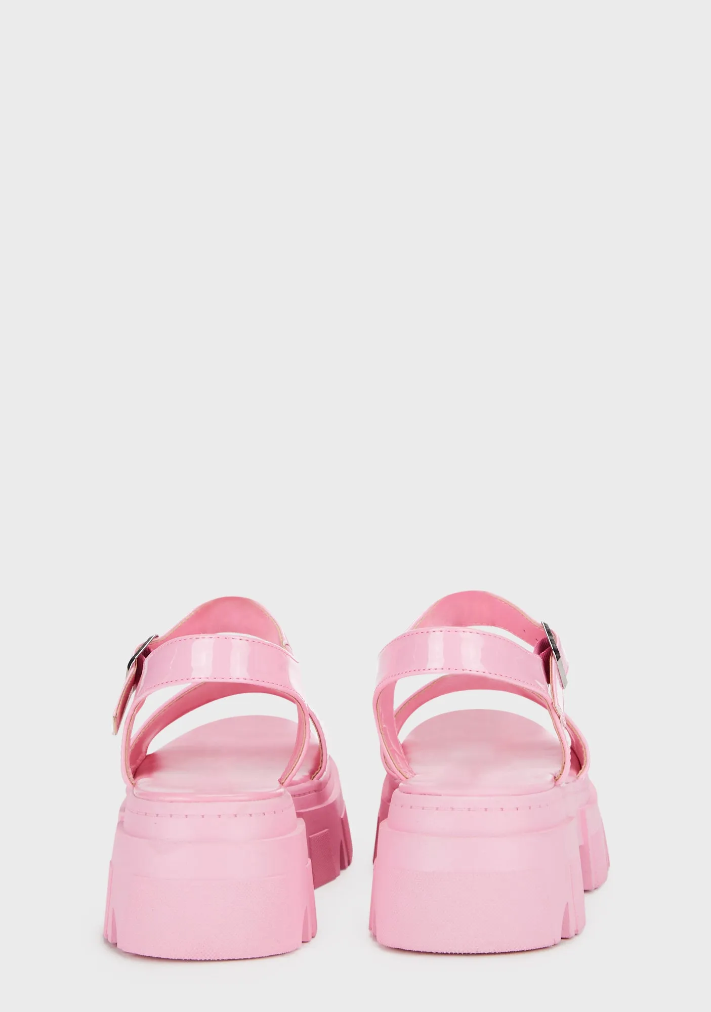 Patent Round Toe Chunky Flat Sandals - Pink-